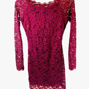 Wine Red Long Sleeve Sequined Sheer Lace BodyCon Cocktail Dress